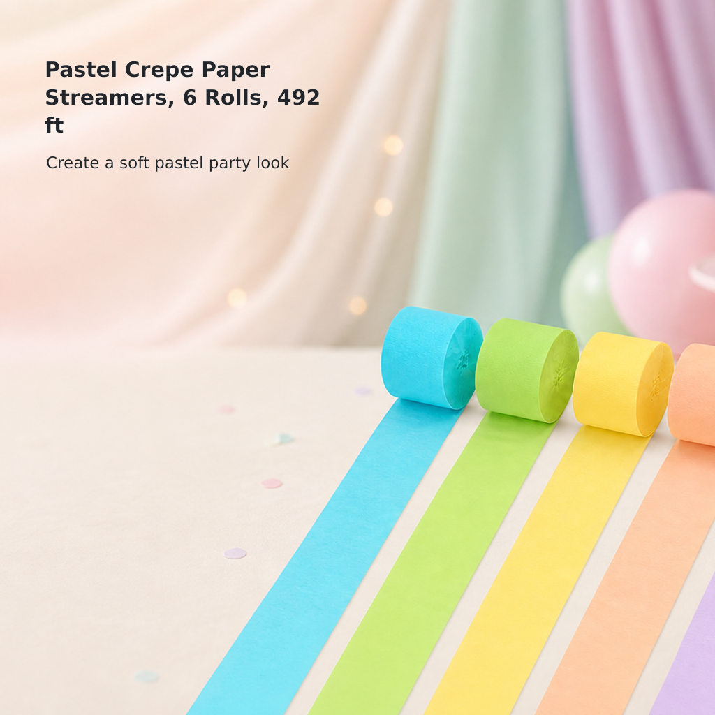 Pastel Crepe Paper Streamers, 6 Rolls, 492 ft