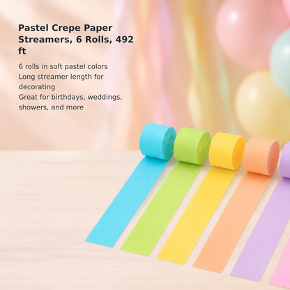 Pastel Crepe Paper Streamers, 6 Rolls, 492 ft