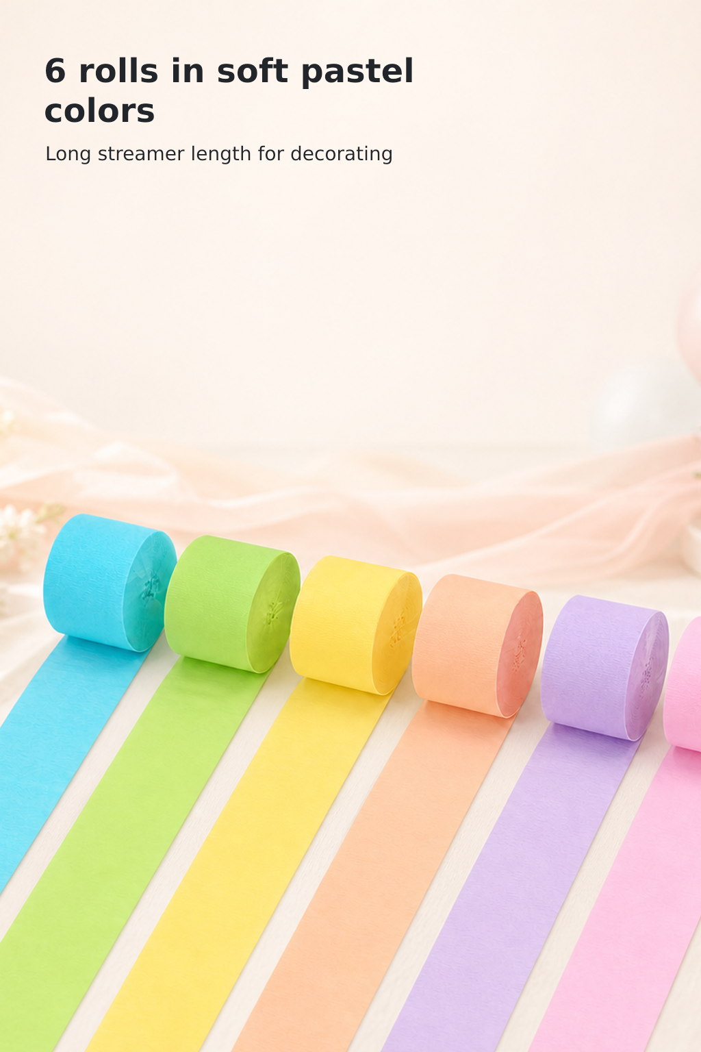 Pastel Crepe Paper Streamers, 6 Rolls, 492 ft