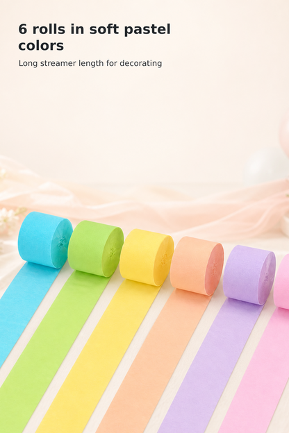 Pastel Crepe Paper Streamers, 6 Rolls, 492 ft